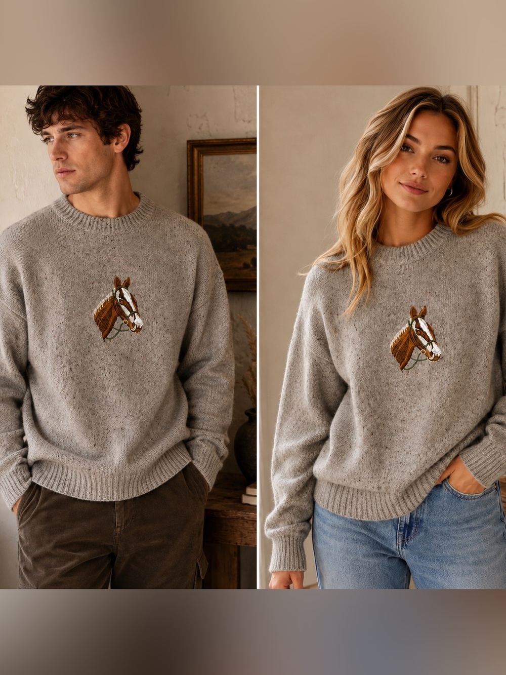 Vintage 70s Lord Jeff Mountain Marls Wool Horse Sweater Mens L Gray Crewneck USA